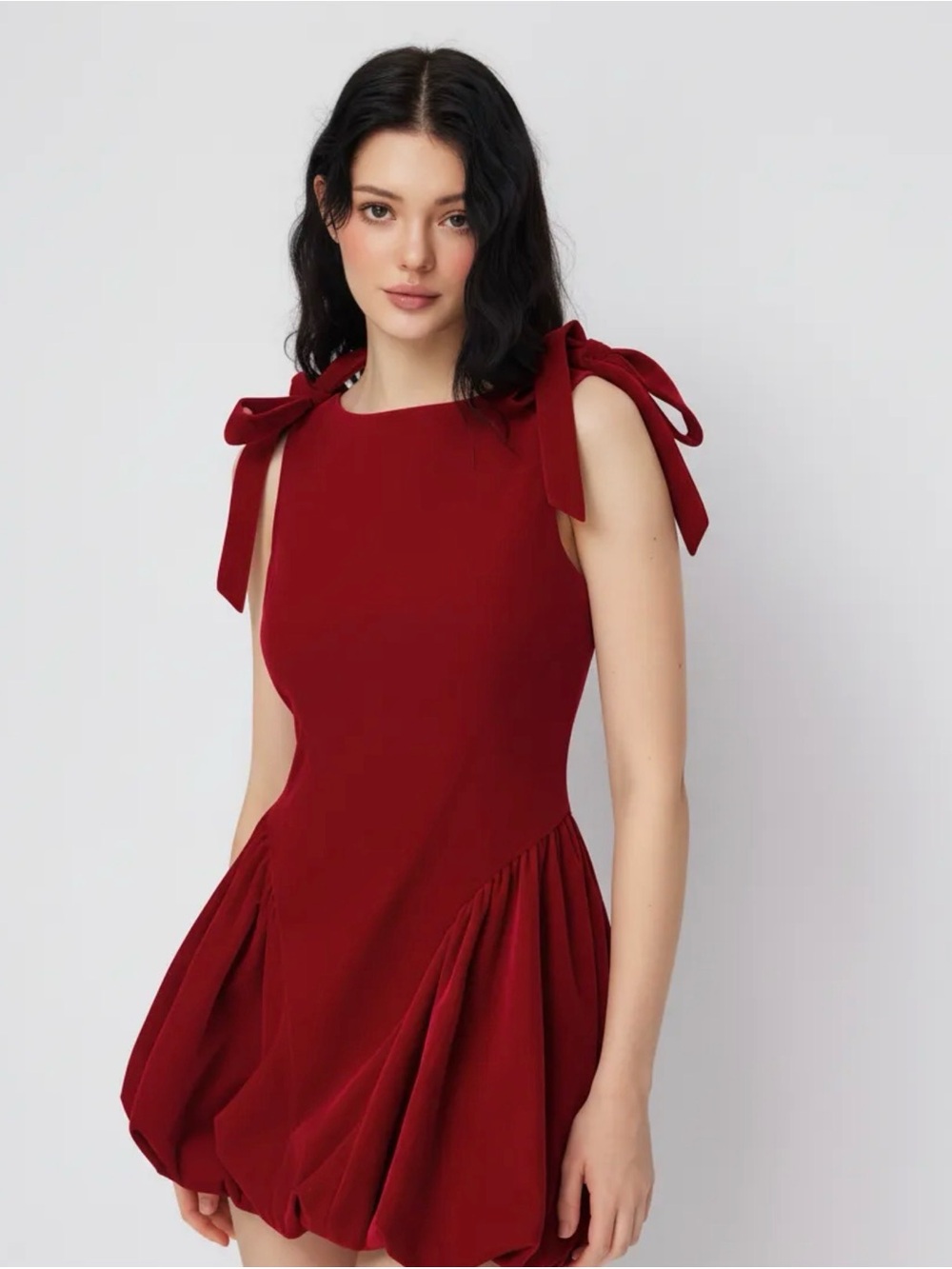 Cider Velvet Boat Neck Bowknot Bubble Hem Mini Dress